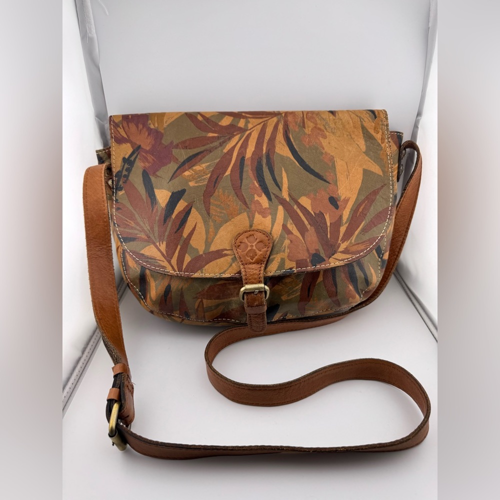 Patricia Nash Floral Rosolini Leather Saddle‎ Bag Tan Crossbody Bag